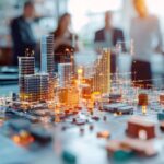 Business professionals planning a digital smart city model with futuristic technology