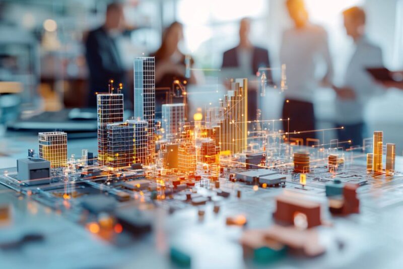 Business professionals planning a digital smart city model with futuristic technology