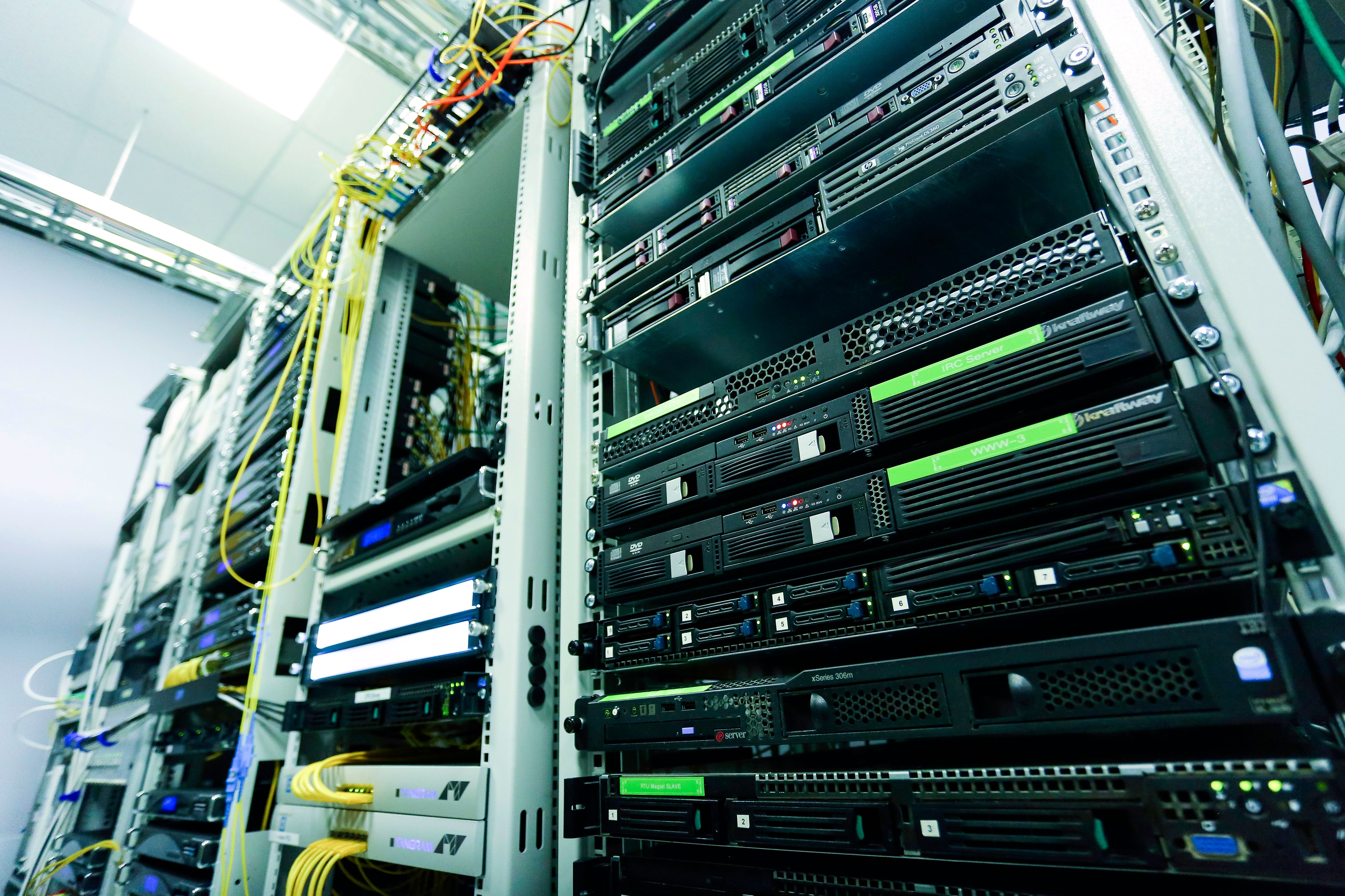 A secure data center server rack, illustrating the infrastructure cyber criminals may use to conceal malicious operations.