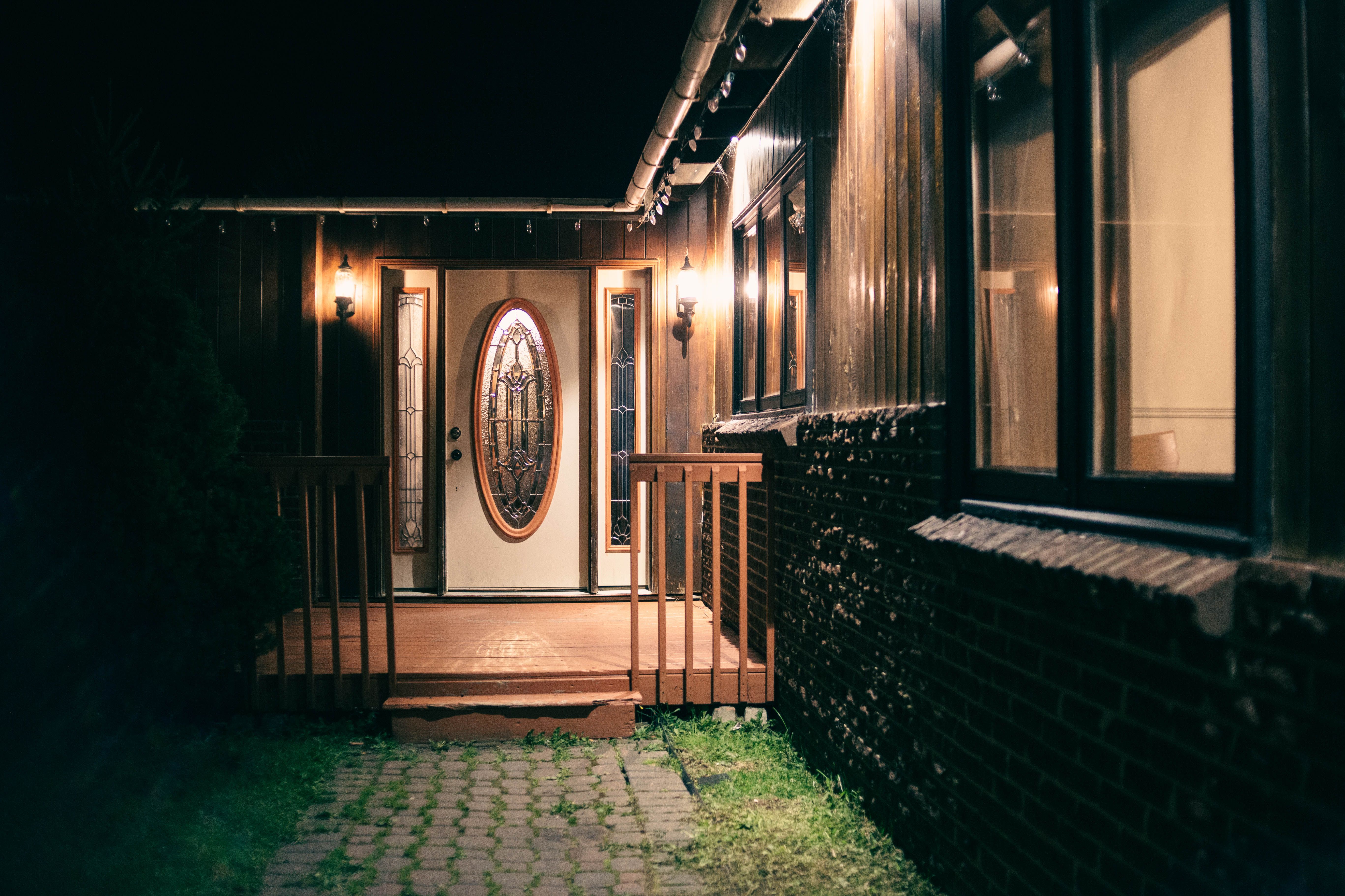 Illuminated residential entrance at night for evaluating visibility and security